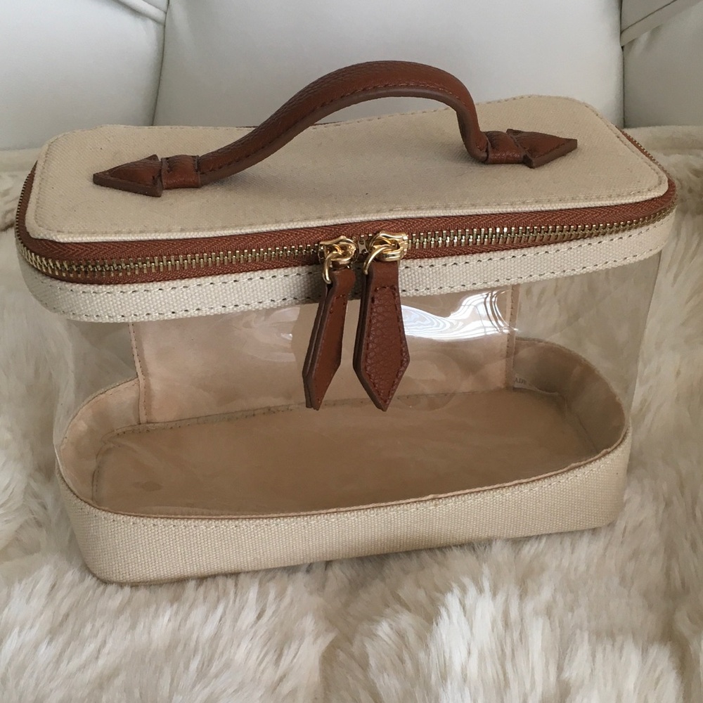 Canvas and Clear Cosmetic Case in Beige with Brown Trim